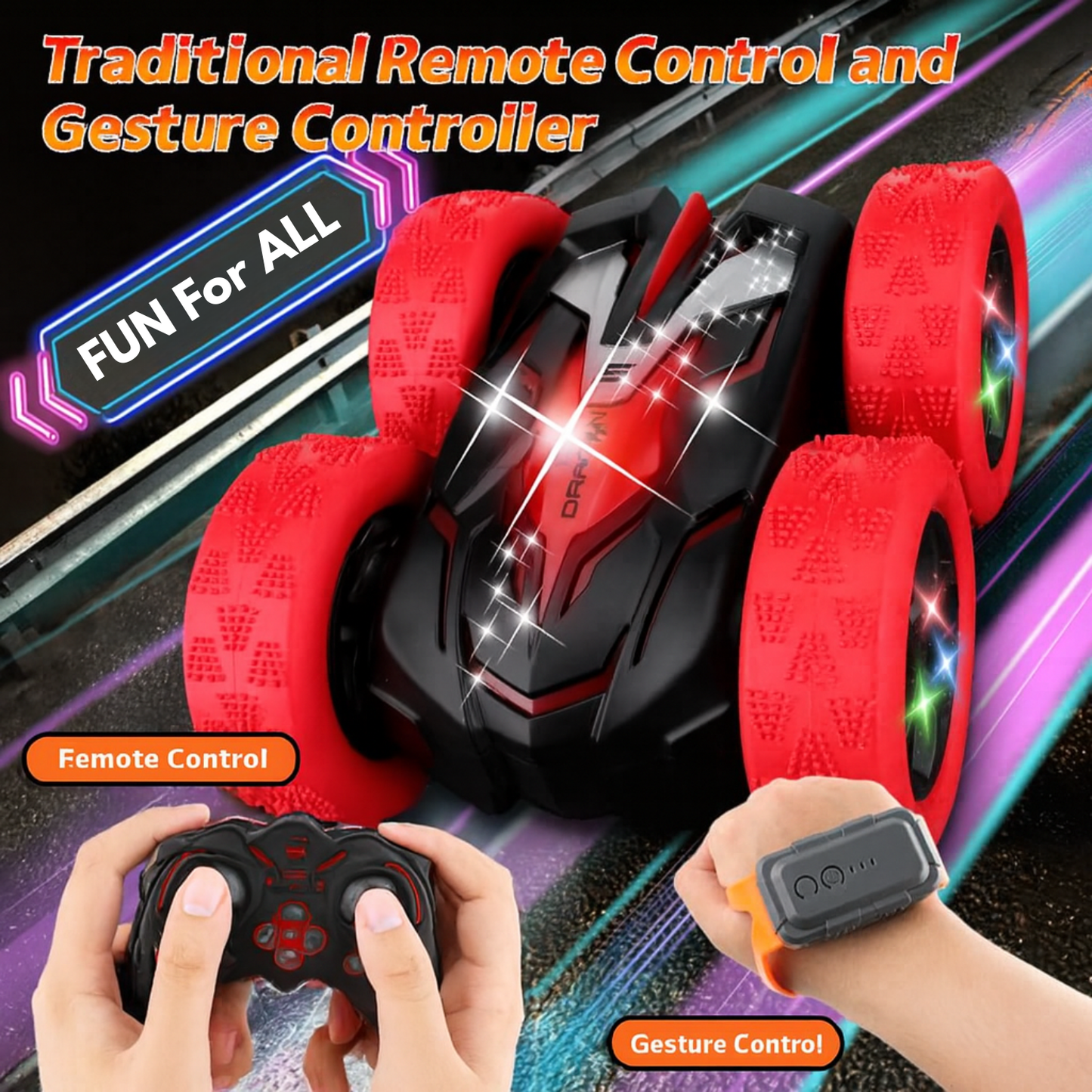 Red RC Stunt Car for Kids Ages 6+, 4WD Double Sided Remote Control Car 360° Rotating with LED Headlights, Durable Off-Road Toy, Birthday & Christmas Gift for Boys and Girls