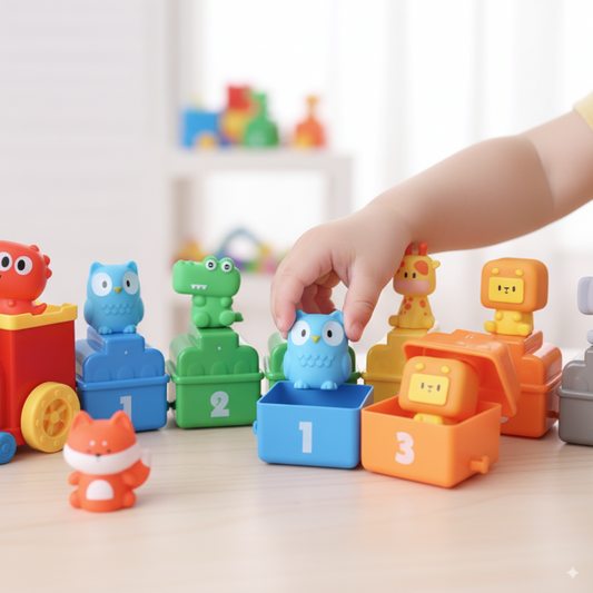 LuxeLine Montessori Matching Train Toy Set – 1 Locomotive + 9 Carriages with Animal Figures, Color & Number Sorting, Hand-Puppet Animals, Early Learning Gift for Toddlers