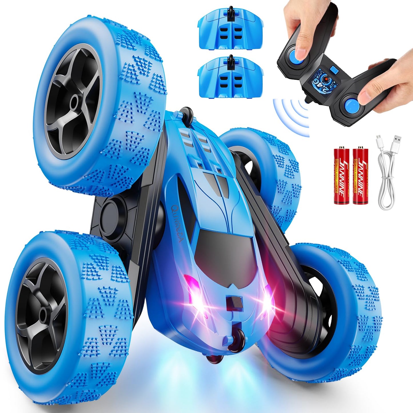 RC Stunt Car for Kids Ages 6+, 4WD Double Sided Remote Control Car 360° Rotating with LED Headlights, Durable Off-Road Toy, Birthday & Christmas Gift for Boys and Girls