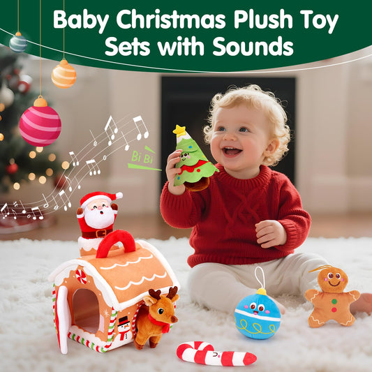 Baby Christmas Toy Set for 6–18 Months – Musical Plush Gingerbread House with Santa, Reindeer, Rattles & Sensory Holiday Characters – Interactive 7-Piece Gift for Infant Boys & Girls