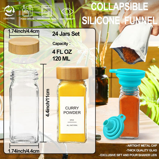 LuxeLine 24-Pack Glass Spice Jars with Bamboo Lids | 4oz Square Containers, Shaker Tops, Waterproof Labels + Funnel | Pantry, Drawer & Rack Organizer