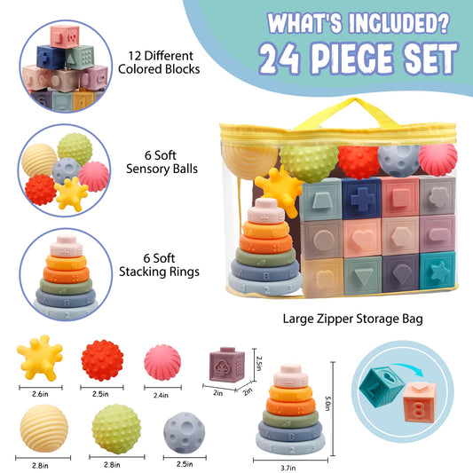 LuxeLine 24-Piece Montessori Soft Baby Toys Set – Stacking Blocks, Sensory Balls, Stacking Rings & Storage Bag – BPA-Free Developmental Toys for Infants & Toddlers 6–18 Months