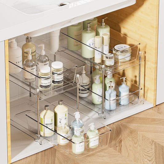LuxeLine 2-Pack Clear Pull-Out Under Sink Organizers - 2-Tier Stackable Drawers with Tracks for Bathroom/Kitchen/Pantry, 15LB Capacity, Tool-Free Install