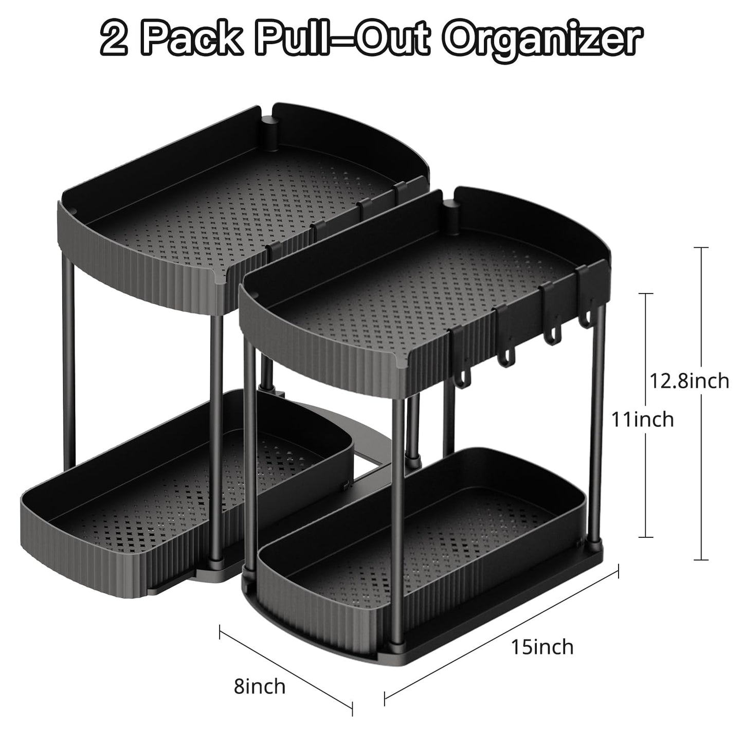 LuxeLine 2-Pack Heavy-Duty Pull-Out Organizers (13" Height) - Under Sink Storage for Bathroom/Kitchen, Tool-Free Install, Black