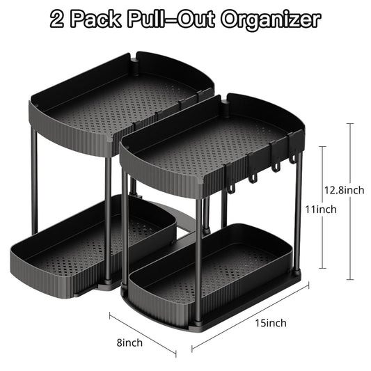LuxeLine 2-Pack Heavy-Duty Pull-Out Organizers (13" Height) - Under Sink Storage for Bathroom/Kitchen, Tool-Free Install, Black