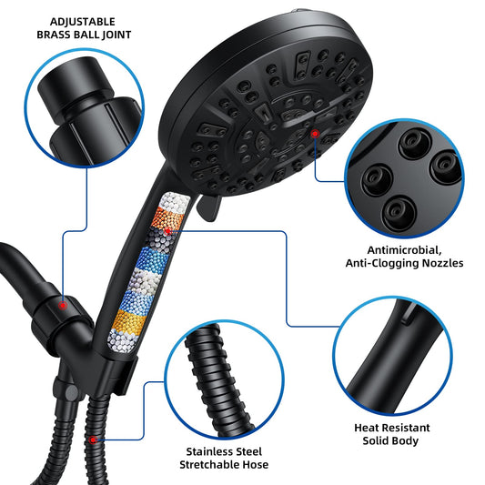 LuxeLine Black 5" High Pressure Shower Head with Handheld, 10 Modes, Hard Water Filter & Anti-Clog Design
