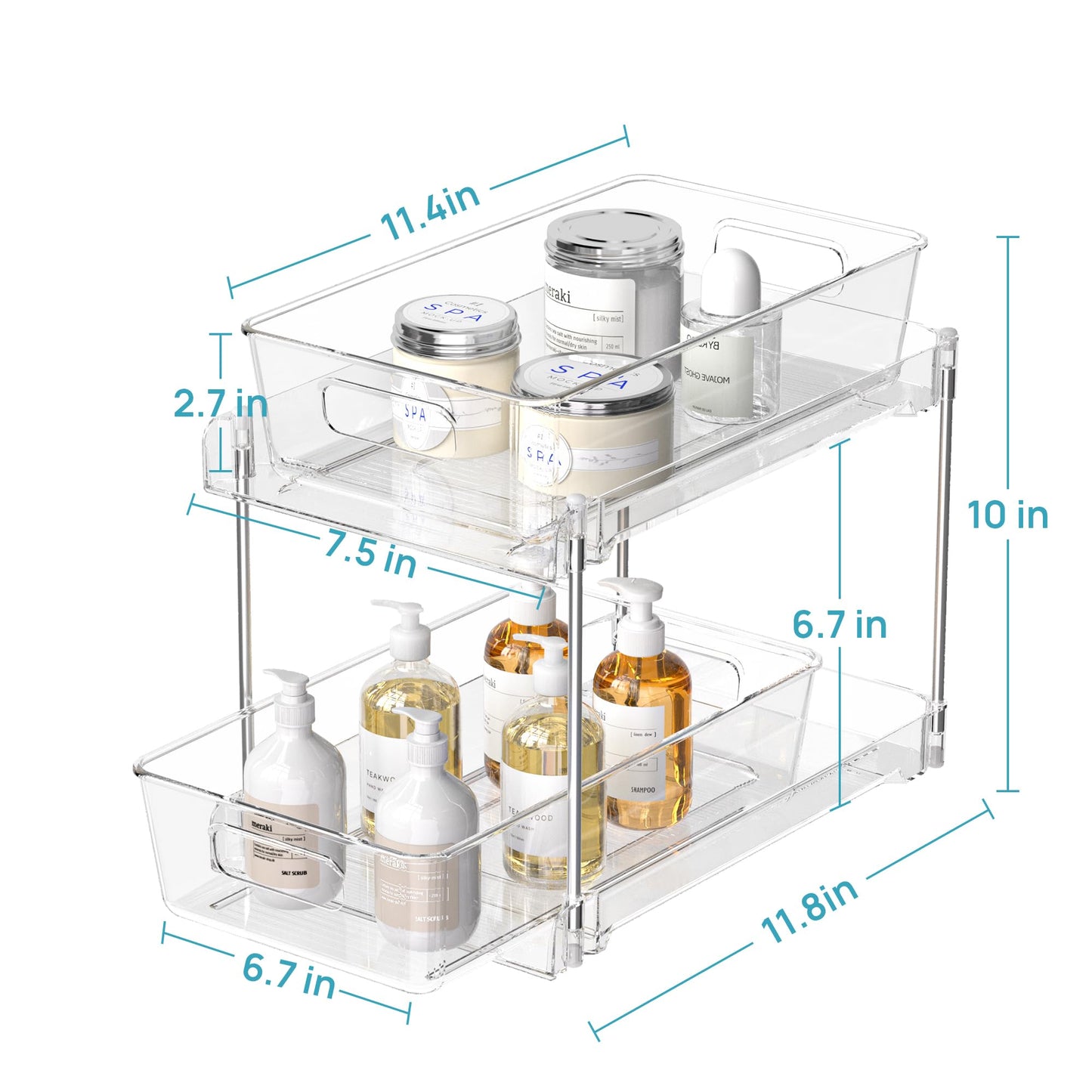 LuxeLine 2-Pack Clear Pull-Out Under Sink Organizers - 2-Tier Stackable Drawers with Tracks for Bathroom/Kitchen/Pantry, 15LB Capacity, Tool-Free Install