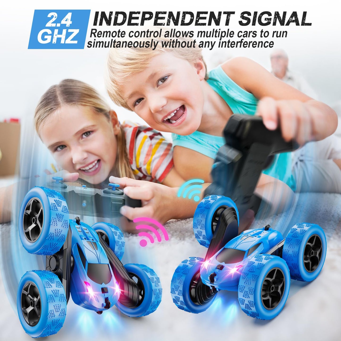 RC Stunt Car for Kids Ages 6+, 4WD Double Sided Remote Control Car 360° Rotating with LED Headlights, Durable Off-Road Toy, Birthday & Christmas Gift for Boys and Girls
