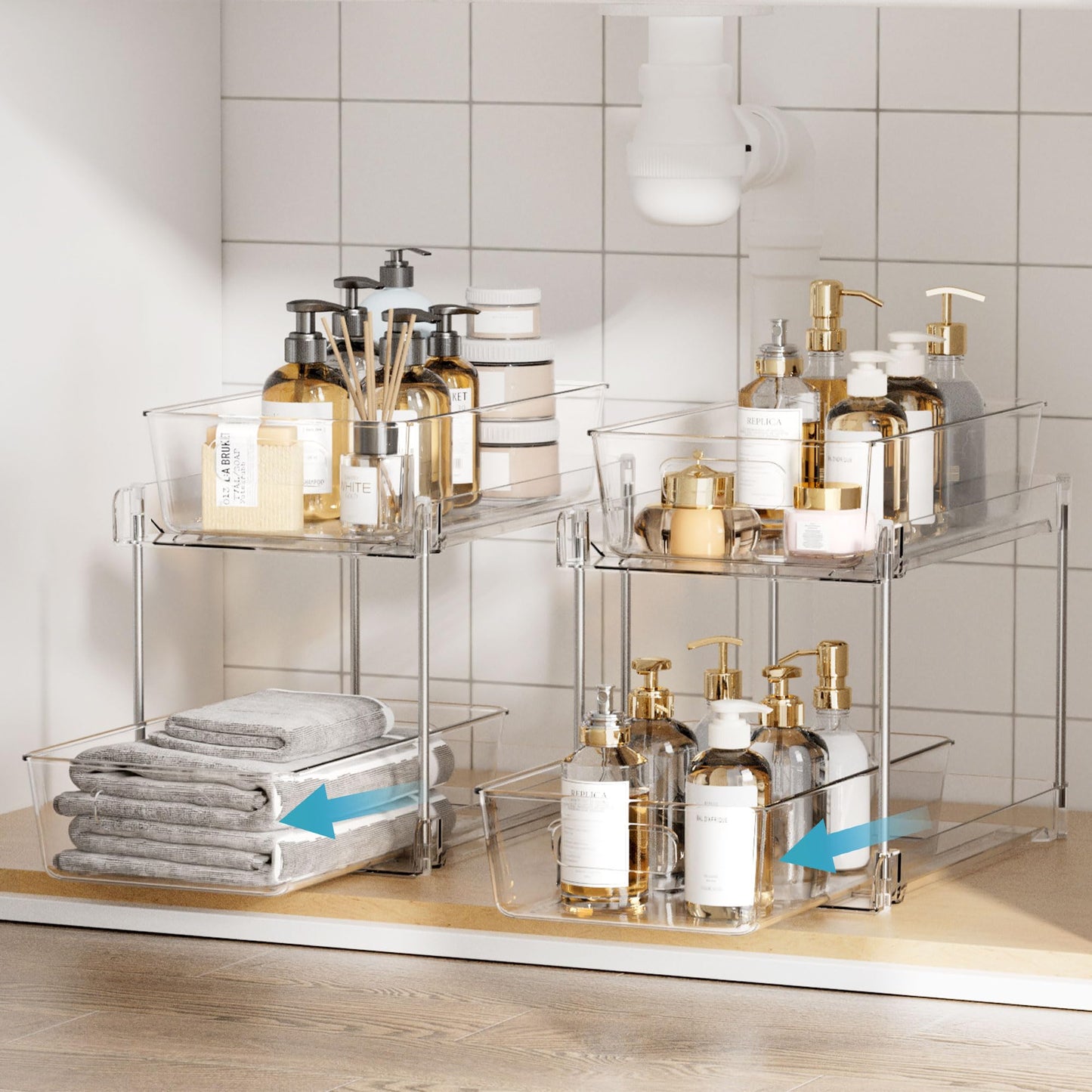LuxeLine 2-Pack Clear Pull-Out Under Sink Organizers - 2-Tier Stackable Drawers with Tracks for Bathroom/Kitchen/Pantry, 15LB Capacity, Tool-Free Install