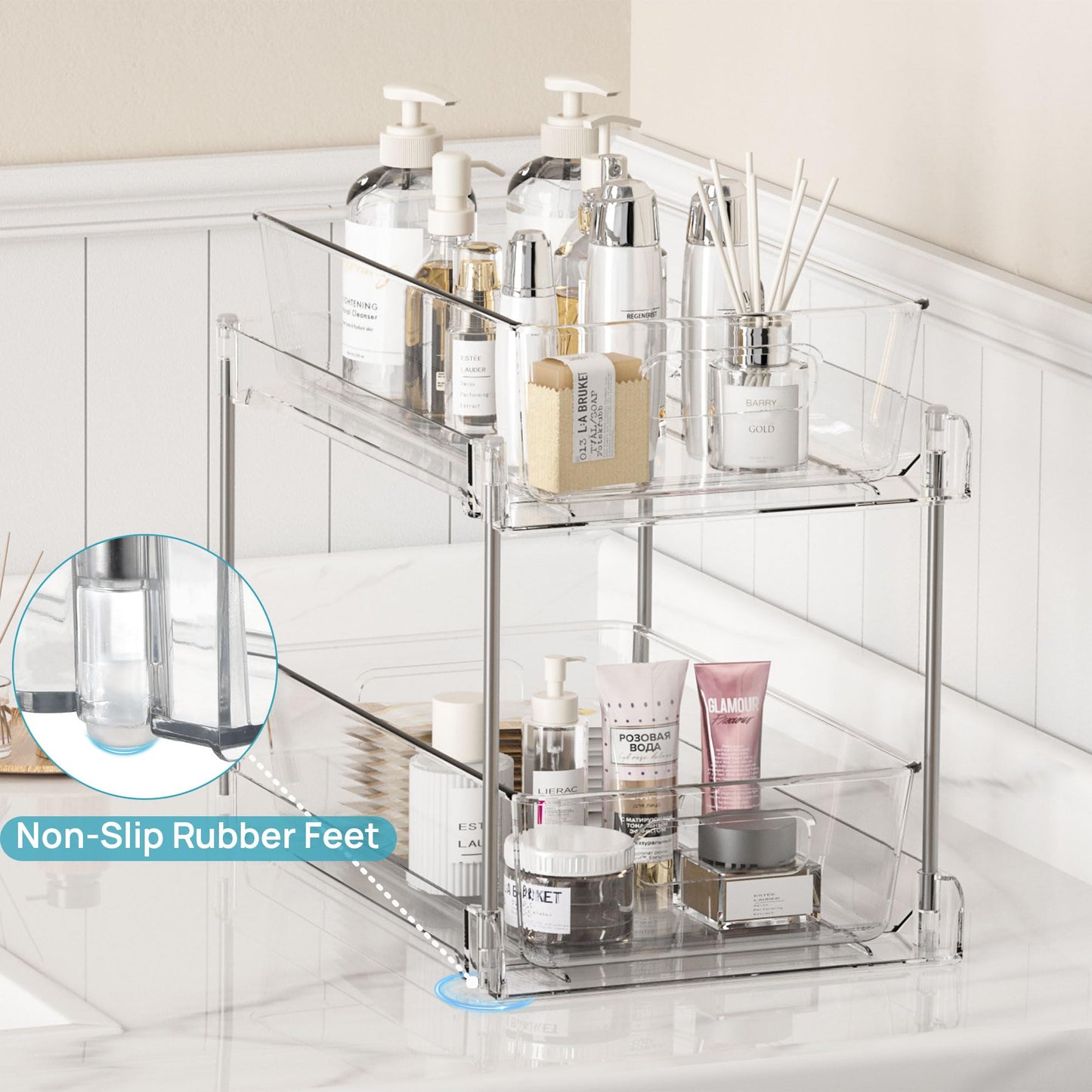 LuxeLine 2-Pack Clear Pull-Out Under Sink Organizers - 2-Tier Stackable Drawers with Tracks for Bathroom/Kitchen/Pantry, 15LB Capacity, Tool-Free Install