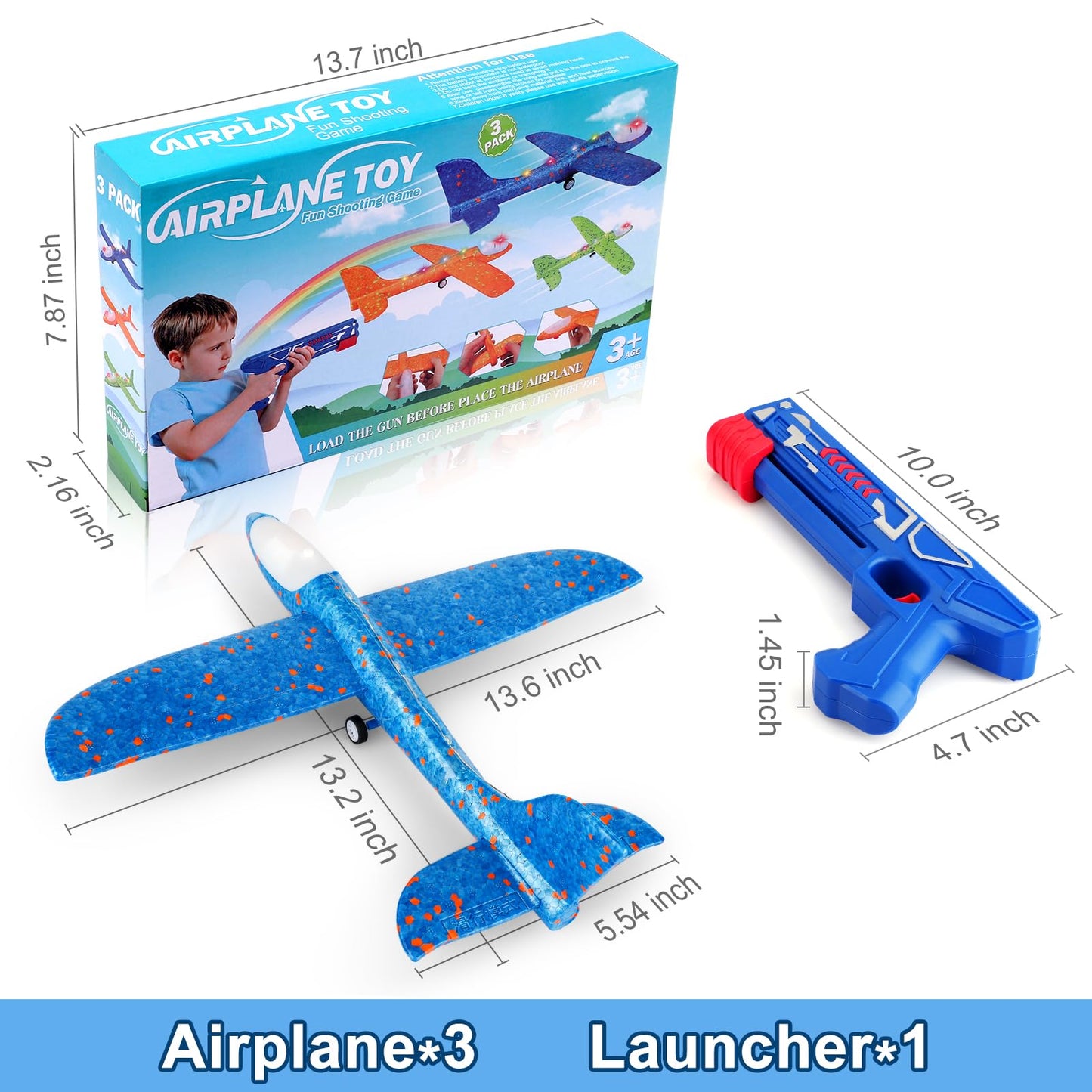 LuxeLine Foam Airplane Launcher Toy — 3-Pack LED Glider Planes with Launcher & Dual Flight Modes — Outdoor Kids Flying Toy Gift (Ages 4-12)