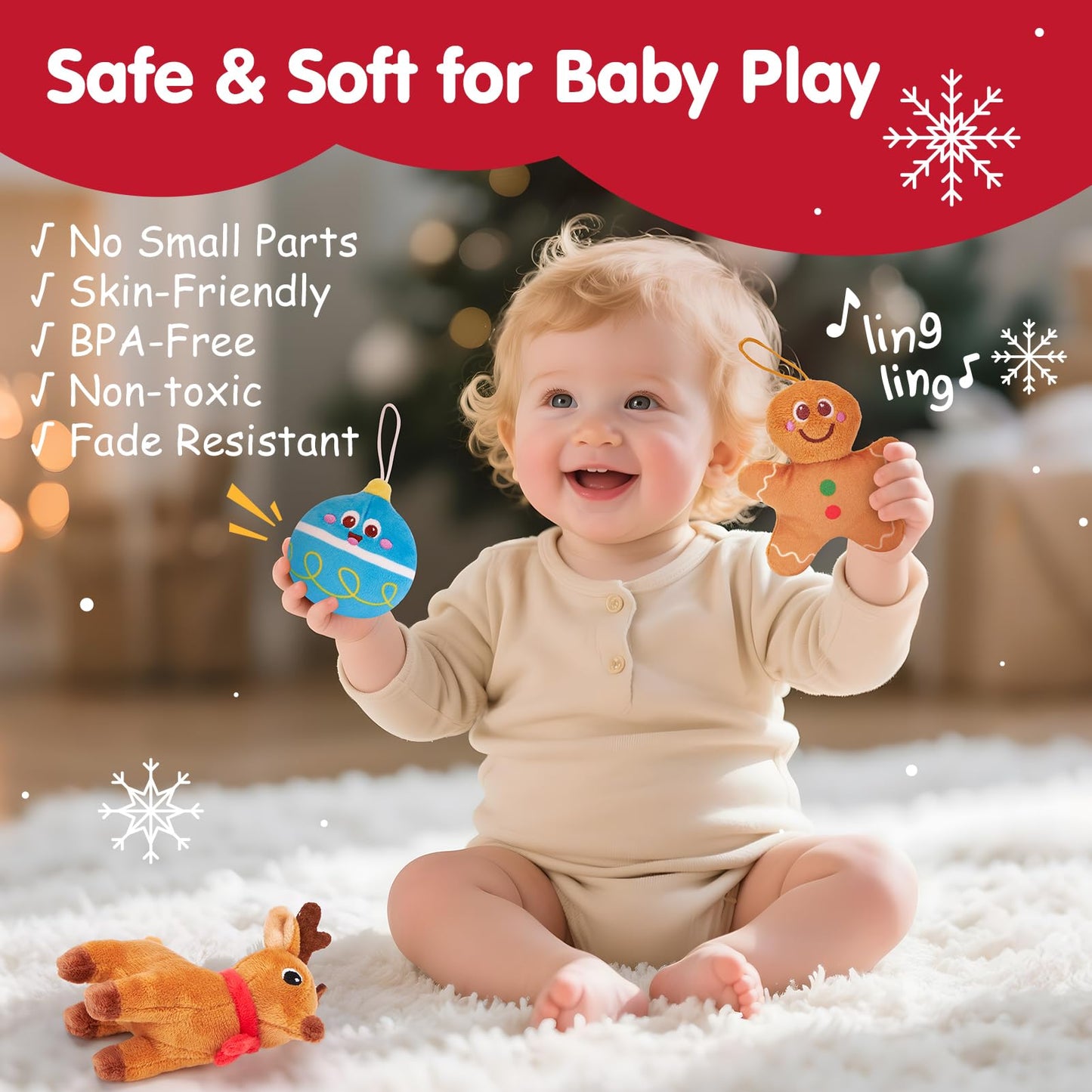 Baby Christmas Toy Set for 6–18 Months – Musical Plush Gingerbread House with Santa, Reindeer, Rattles & Sensory Holiday Characters – Interactive 7-Piece Gift for Infant Boys & Girls