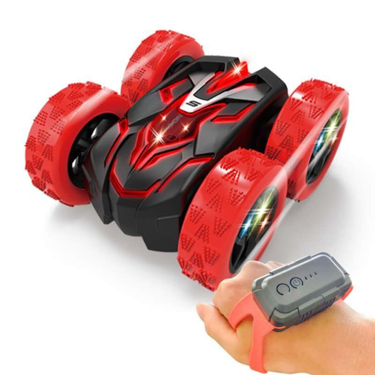 Red RC Stunt Car for Kids Ages 6+, 4WD Double Sided Remote Control Car 360° Rotating with LED Headlights, Durable Off-Road Toy, Birthday & Christmas Gift for Boys and Girls