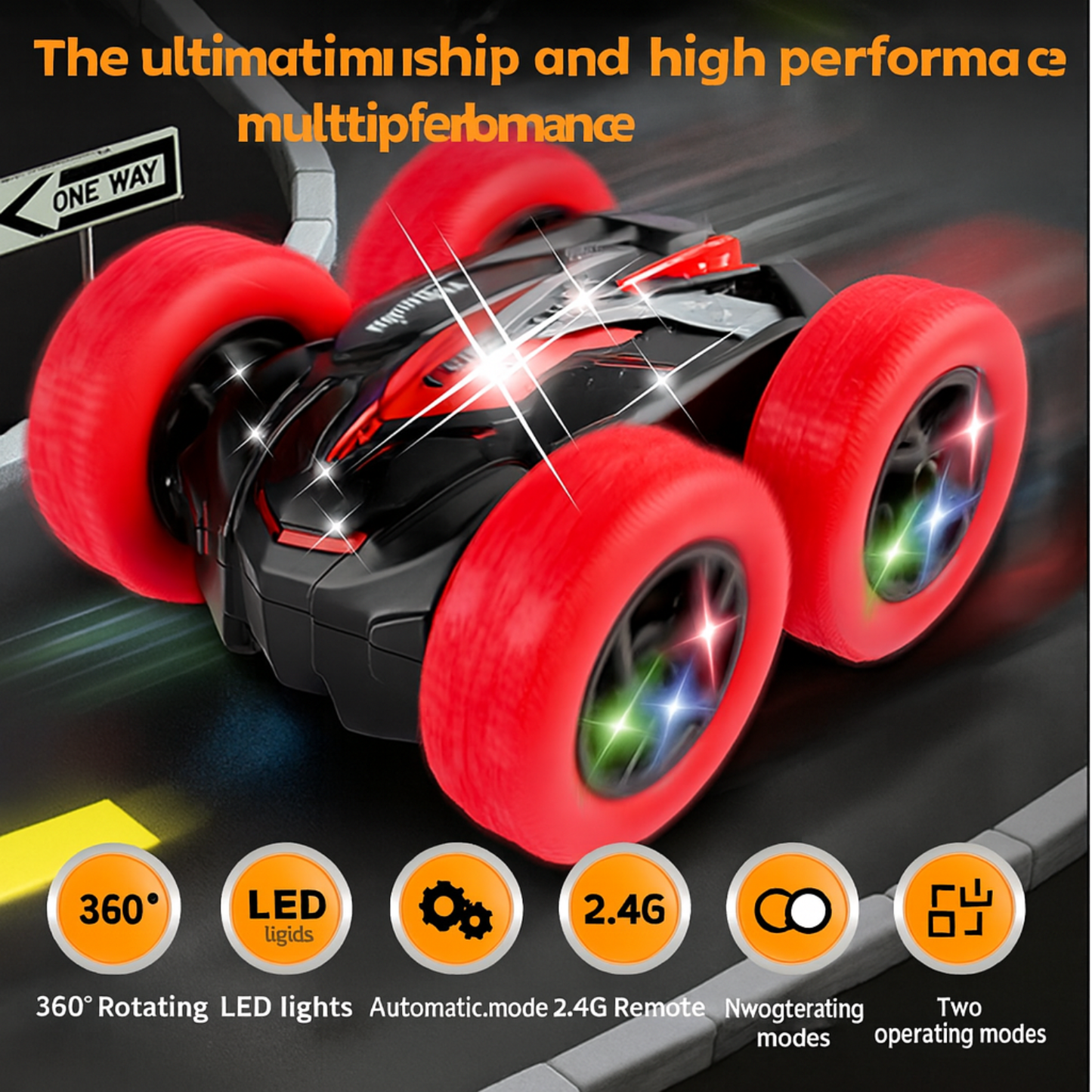 Red RC Stunt Car for Kids Ages 6+, 4WD Double Sided Remote Control Car 360° Rotating with LED Headlights, Durable Off-Road Toy, Birthday & Christmas Gift for Boys and Girls