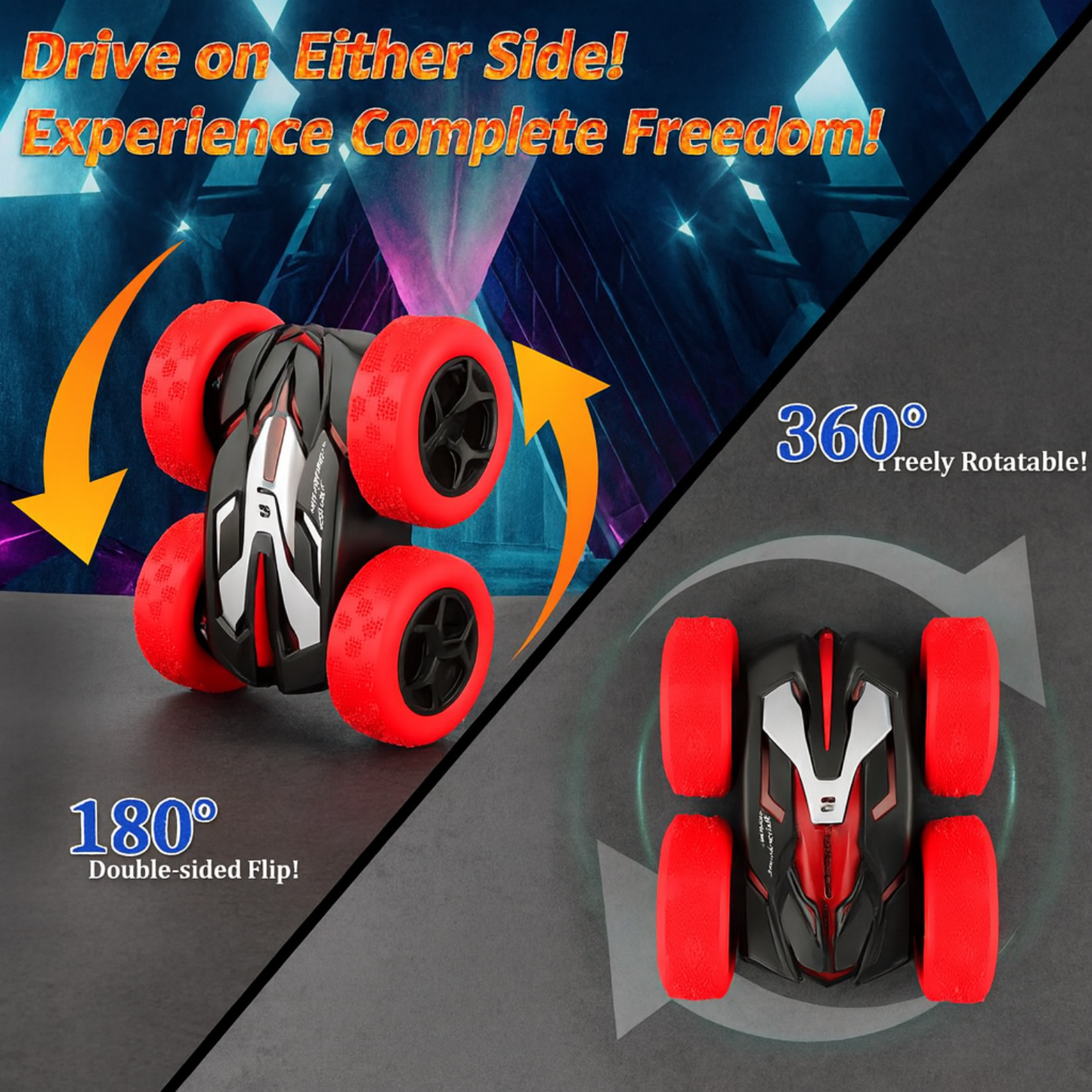 Red RC Stunt Car for Kids Ages 6+, 4WD Double Sided Remote Control Car 360° Rotating with LED Headlights, Durable Off-Road Toy, Birthday & Christmas Gift for Boys and Girls