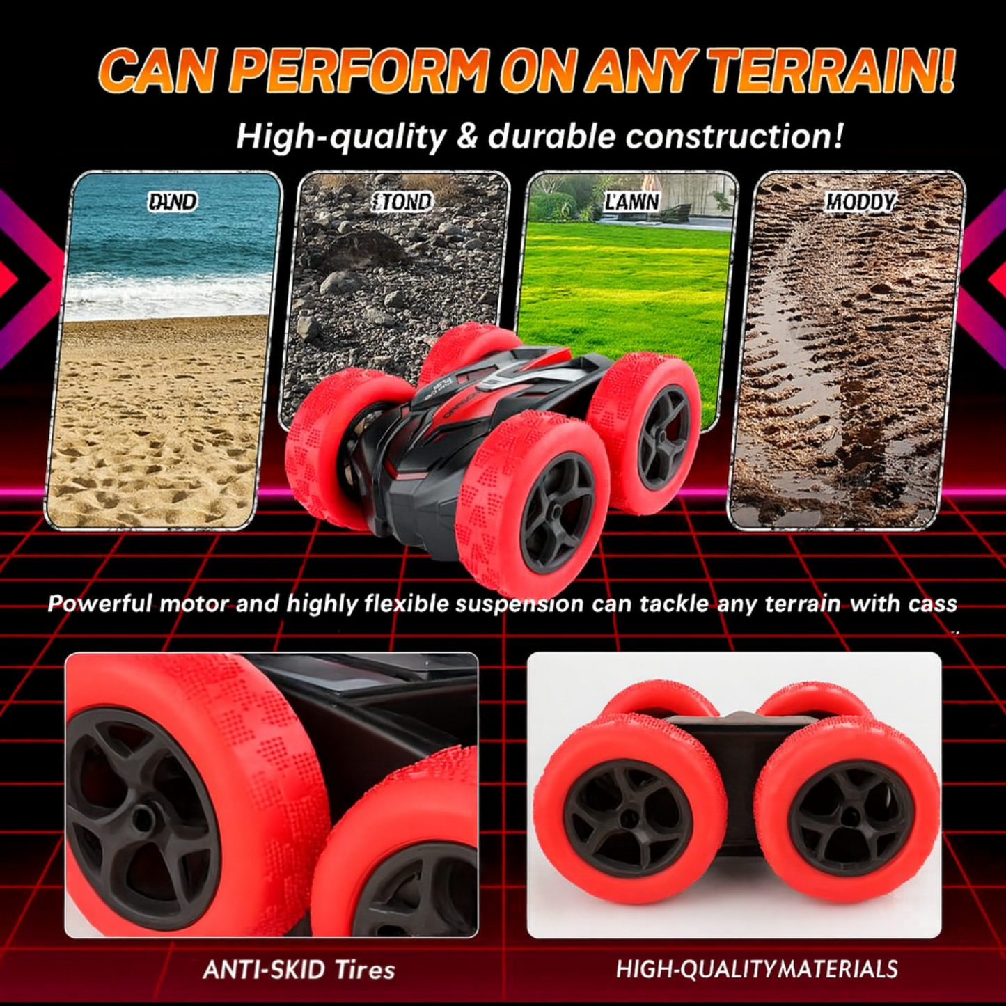 Red RC Stunt Car for Kids Ages 6+, 4WD Double Sided Remote Control Car 360° Rotating with LED Headlights, Durable Off-Road Toy, Birthday & Christmas Gift for Boys and Girls