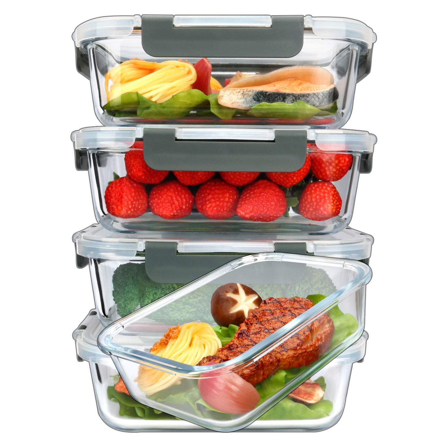 LuxeLine 5-Pack Borosilicate Glass Meal Prep Containers (36oz) - Airtight Lids, Stackable, Microwave/Oven/Freezer/Dishwasher Safe