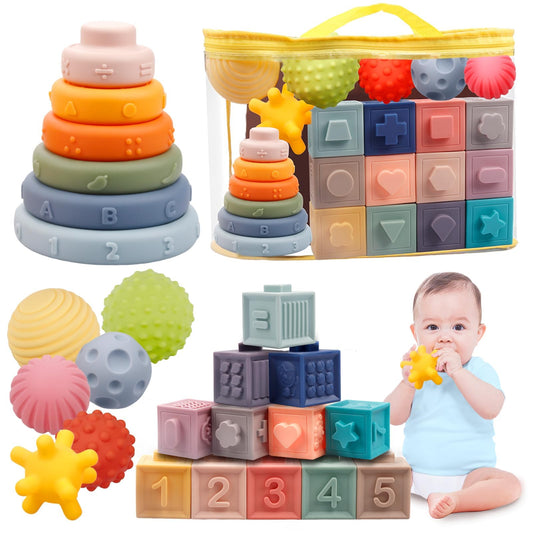 LuxeLine 24-Piece Montessori Soft Baby Toys Set – Stacking Blocks, Sensory Balls, Stacking Rings & Storage Bag – BPA-Free Developmental Toys for Infants & Toddlers 6–18 Months