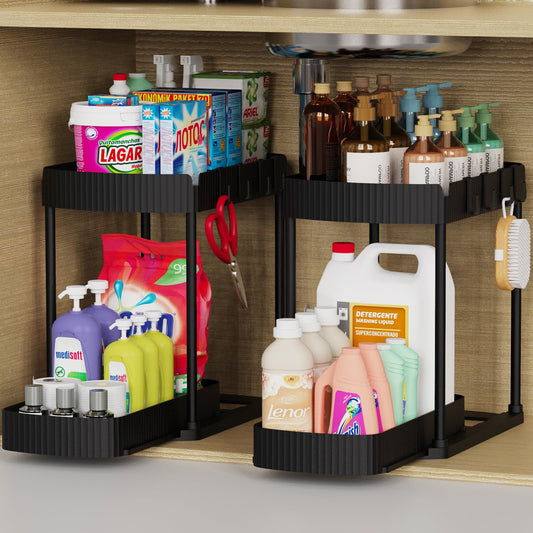LuxeLine 2-Pack Heavy-Duty Pull-Out Organizers (13" Height) - Under Sink Storage for Bathroom/Kitchen, Tool-Free Install, Black