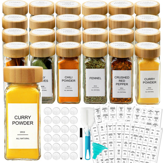 LuxeLine 24-Pack Glass Spice Jars with Bamboo Lids | 4oz Square Containers, Shaker Tops, Waterproof Labels + Funnel | Pantry, Drawer & Rack Organizer