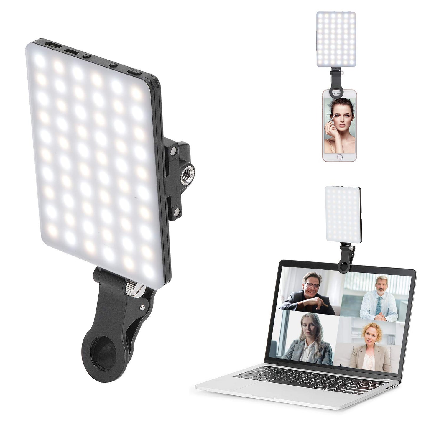 LuxeLine Rechargeable 60-LED Clip Video Light with Dual Clips - 3 Modes & 10 Brightness Levels for Phones, Laptops, TikTok, Zoom Calls & Makeup (Micro USB/Type-C)
