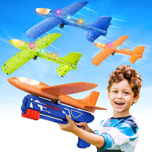 LuxeLine Foam Airplane Launcher Toy — 3-Pack LED Glider Planes with Launcher & Dual Flight Modes — Outdoor Kids Flying Toy Gift (Ages 4-12)
