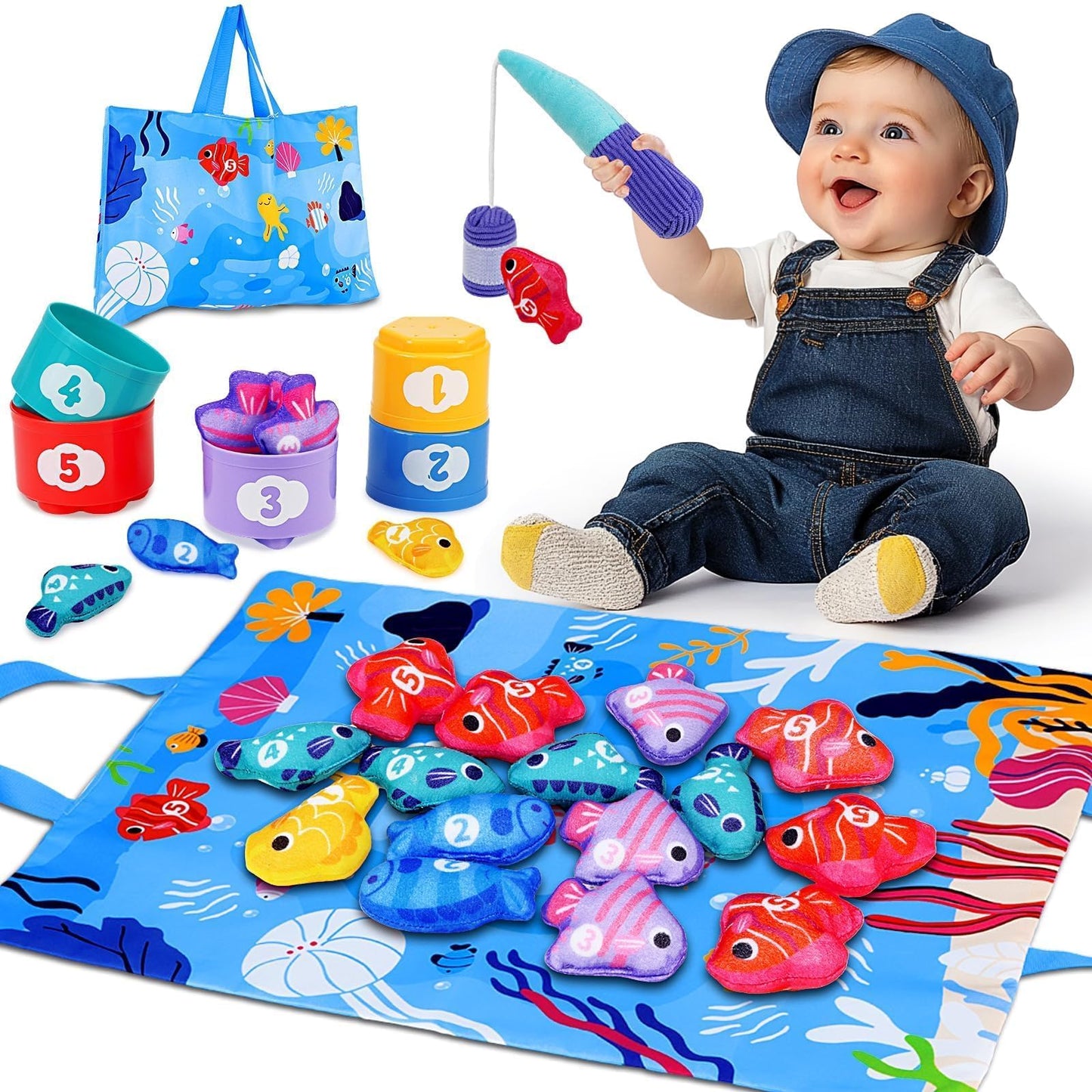 LuxeLine Cloth Fishing & Sorting Toy Set – 15 Cloth Fish, 5 Stackable Buckets & Fishing Rod with Play Mat – Montessori Learning Toy for Toddlers 12-36 Months