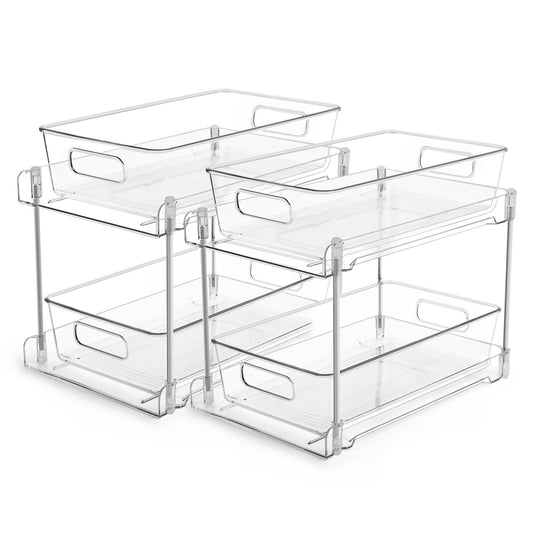 LuxeLine 2-Pack Clear Pull-Out Under Sink Organizers - 2-Tier Stackable Drawers with Tracks for Bathroom/Kitchen/Pantry, 15LB Capacity, Tool-Free Install