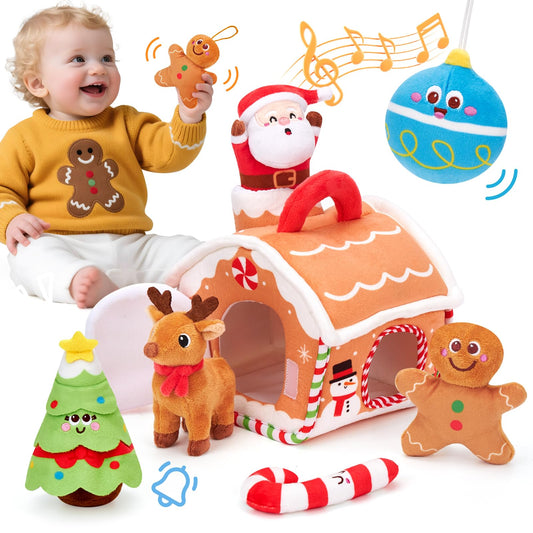 Baby Christmas Toy Set for 6–18 Months – Musical Plush Gingerbread House with Santa, Reindeer, Rattles & Sensory Holiday Characters – Interactive 7-Piece Gift for Infant Boys & Girls