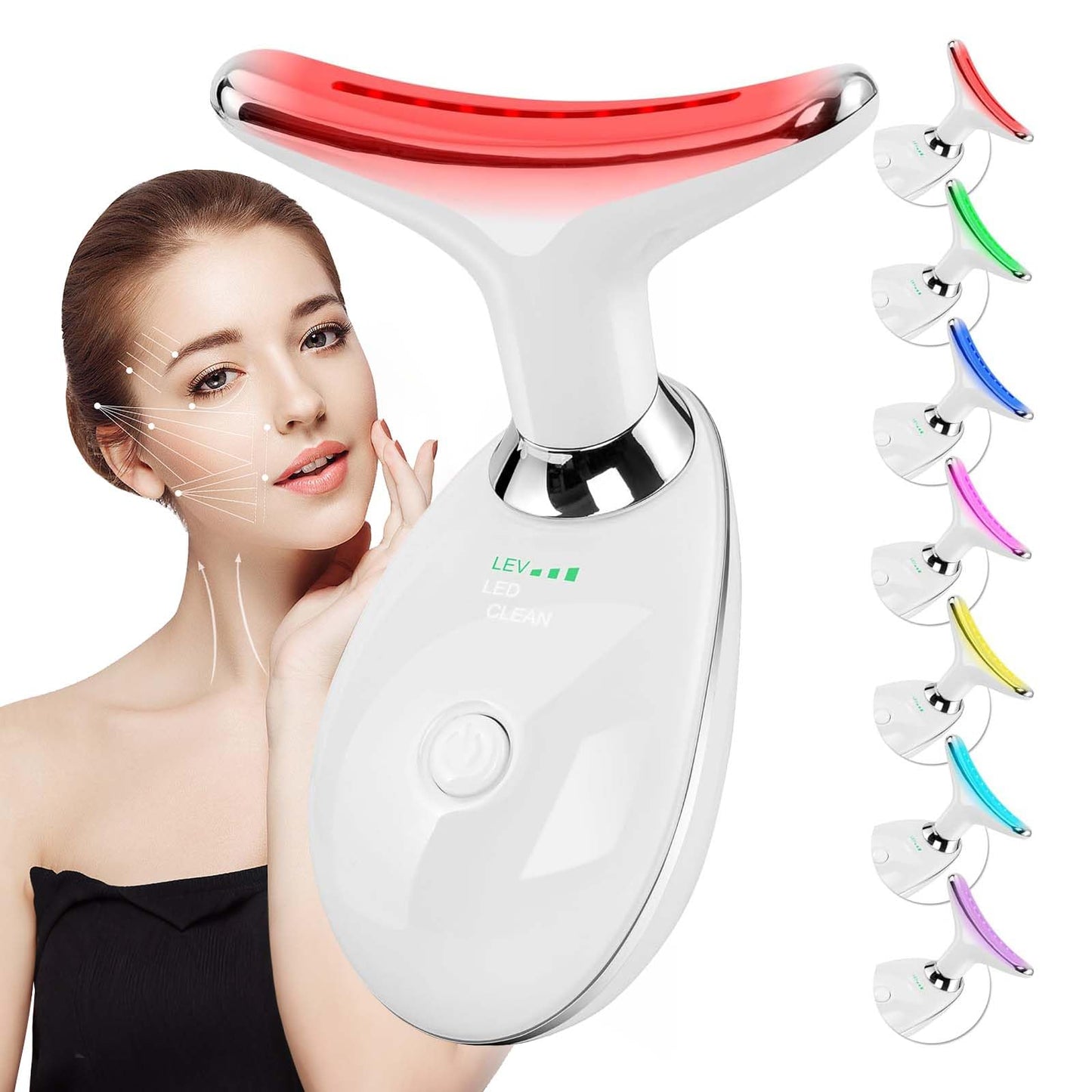 LuxeLine LED Facial Light Therapy Wand - 7-Color Red & Blue Light Therapy for Face & Neck, Anti-Aging & Acne Treatment with Heat Massage, Portable Skin Care Device (White)