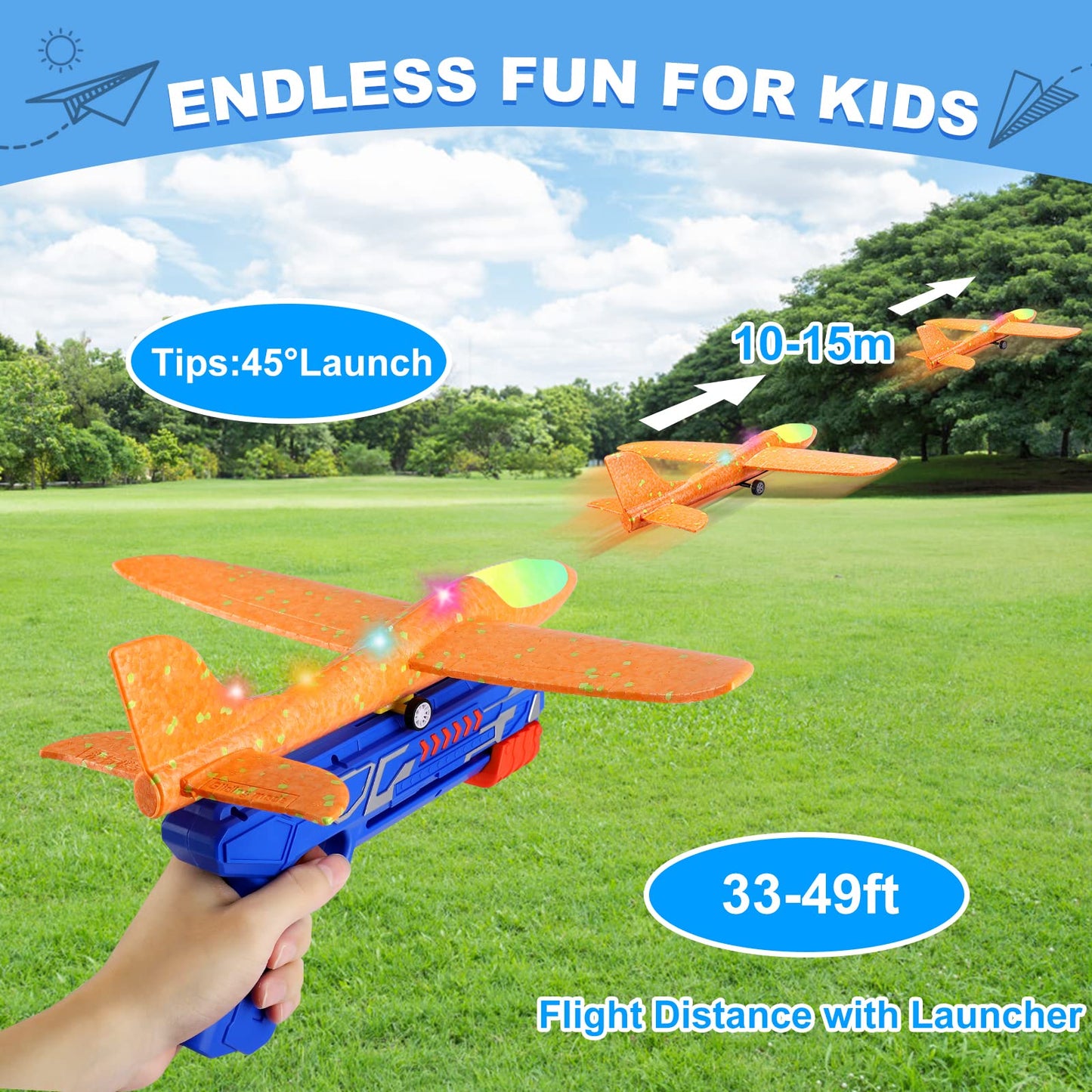 LuxeLine Foam Airplane Launcher Toy — 3-Pack LED Glider Planes with Launcher & Dual Flight Modes — Outdoor Kids Flying Toy Gift (Ages 4-12)