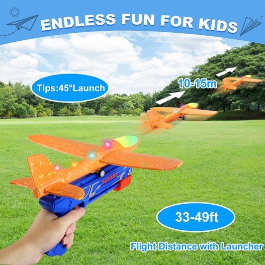 LuxeLine Foam Airplane Launcher Toy — 3-Pack LED Glider Planes with Launcher & Dual Flight Modes — Outdoor Kids Flying Toy Gift (Ages 4-12)