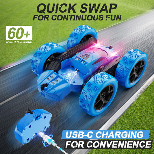 RC Stunt Car for Kids Ages 6+, 4WD Double Sided Remote Control Car 360° Rotating with LED Headlights, Durable Off-Road Toy, Birthday & Christmas Gift for Boys and Girls