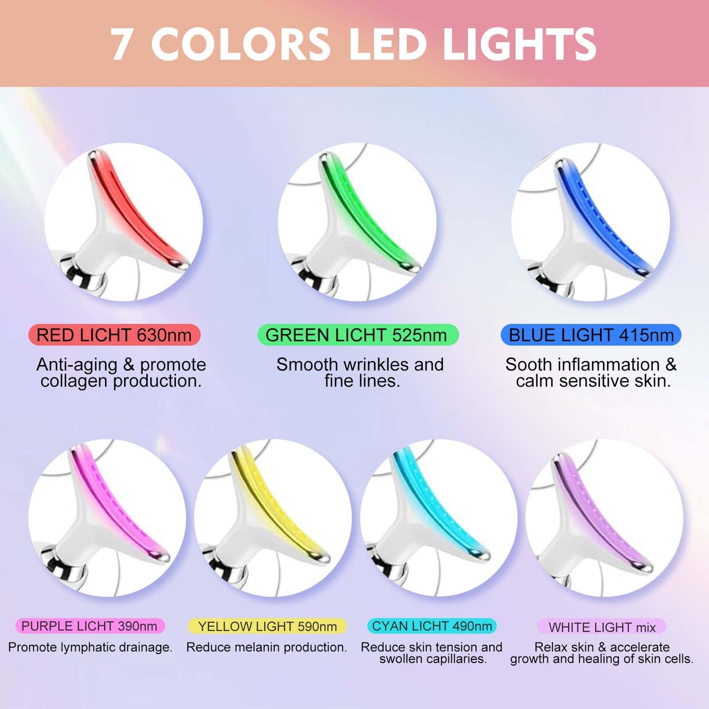 LuxeLine LED Facial Light Therapy Wand - 7-Color Red & Blue Light Therapy for Face & Neck, Anti-Aging & Acne Treatment with Heat Massage, Portable Skin Care Device (White)