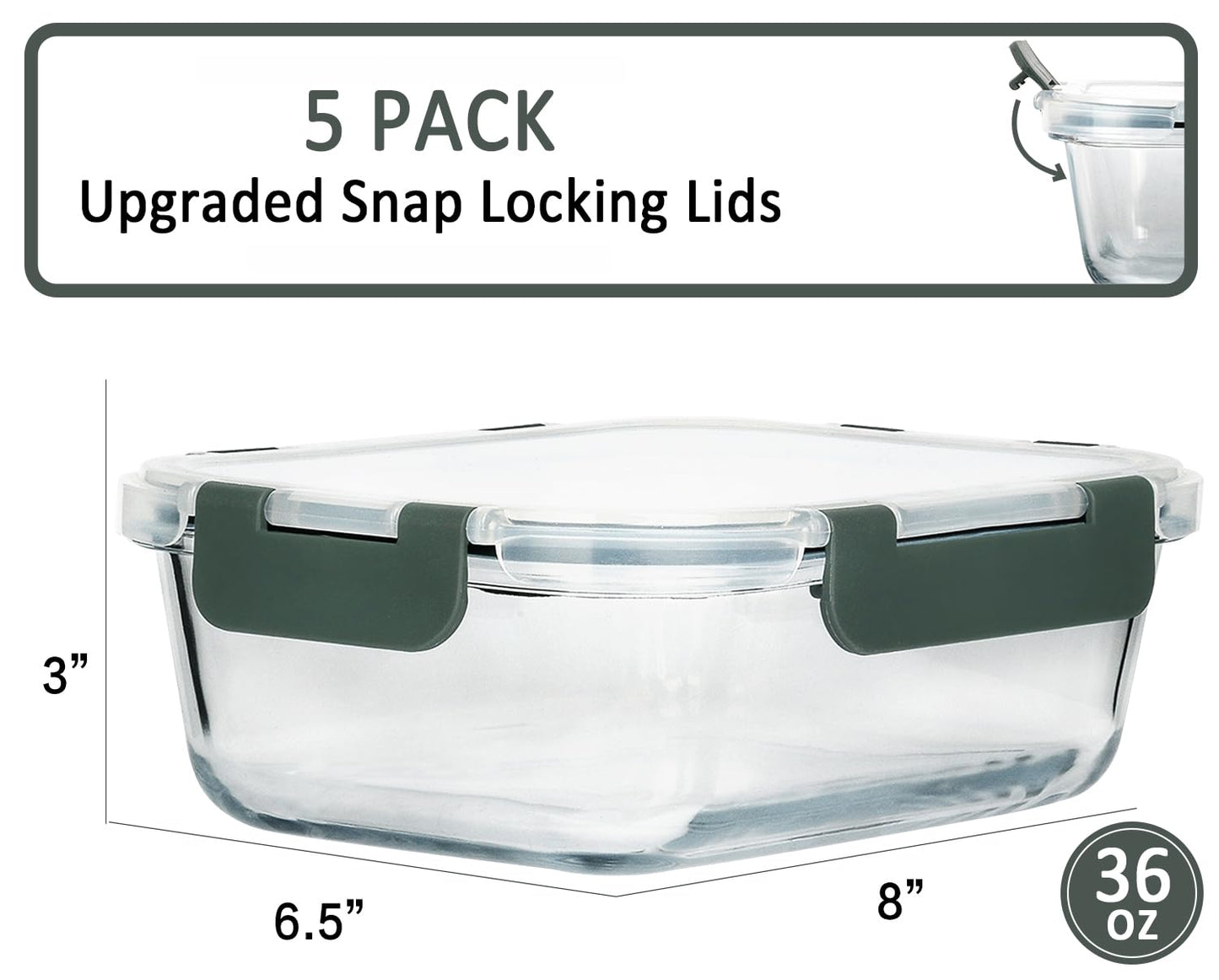 LuxeLine 5-Pack Borosilicate Glass Meal Prep Containers (36oz) - Airtight Lids, Stackable, Microwave/Oven/Freezer/Dishwasher Safe