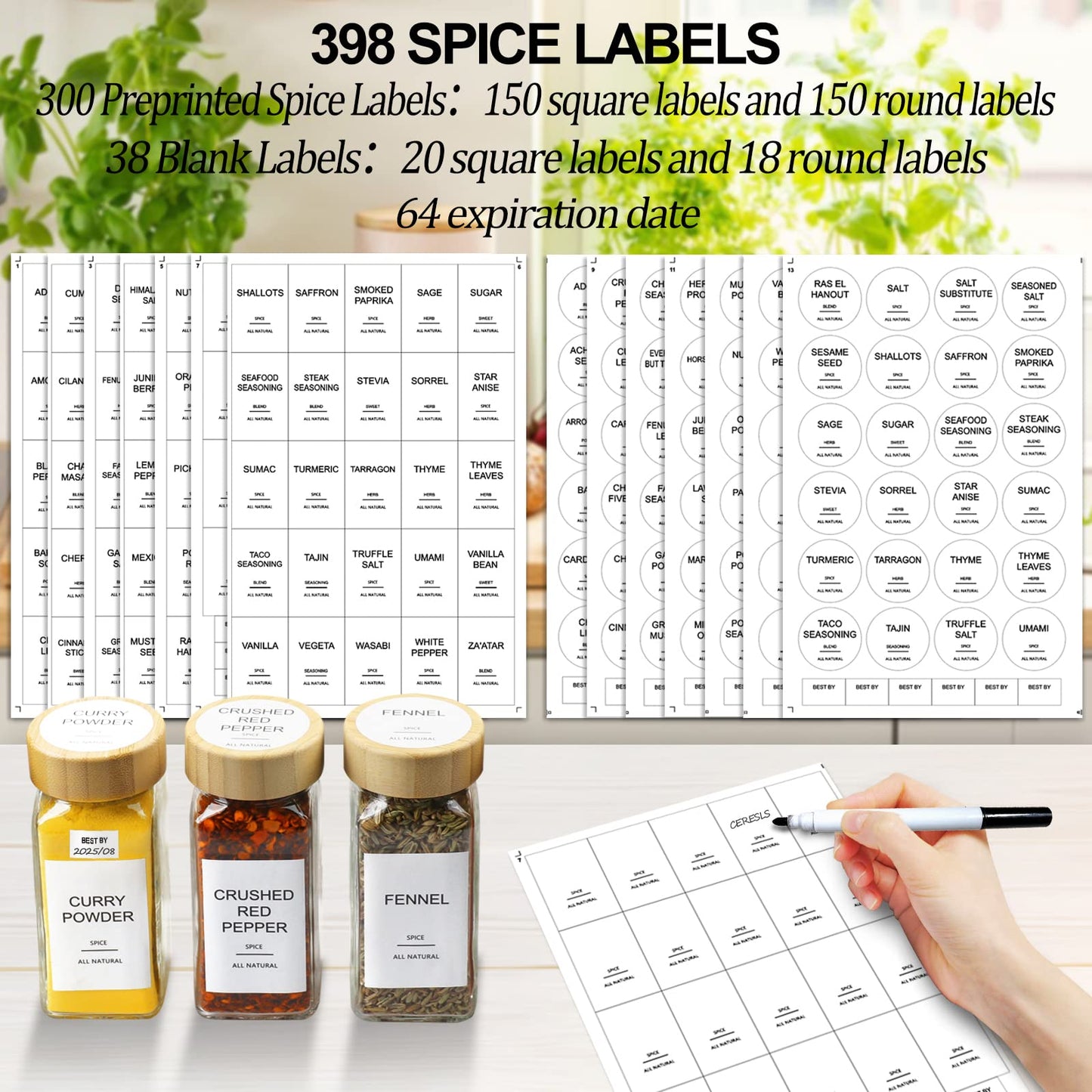 LuxeLine 24-Pack Glass Spice Jars with Bamboo Lids | 4oz Square Containers, Shaker Tops, Waterproof Labels + Funnel | Pantry, Drawer & Rack Organizer