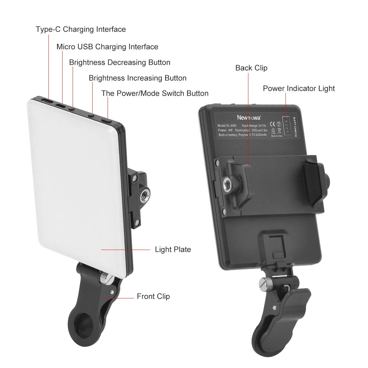 LuxeLine Rechargeable 60-LED Clip Video Light with Dual Clips - 3 Modes & 10 Brightness Levels for Phones, Laptops, TikTok, Zoom Calls & Makeup (Micro USB/Type-C)