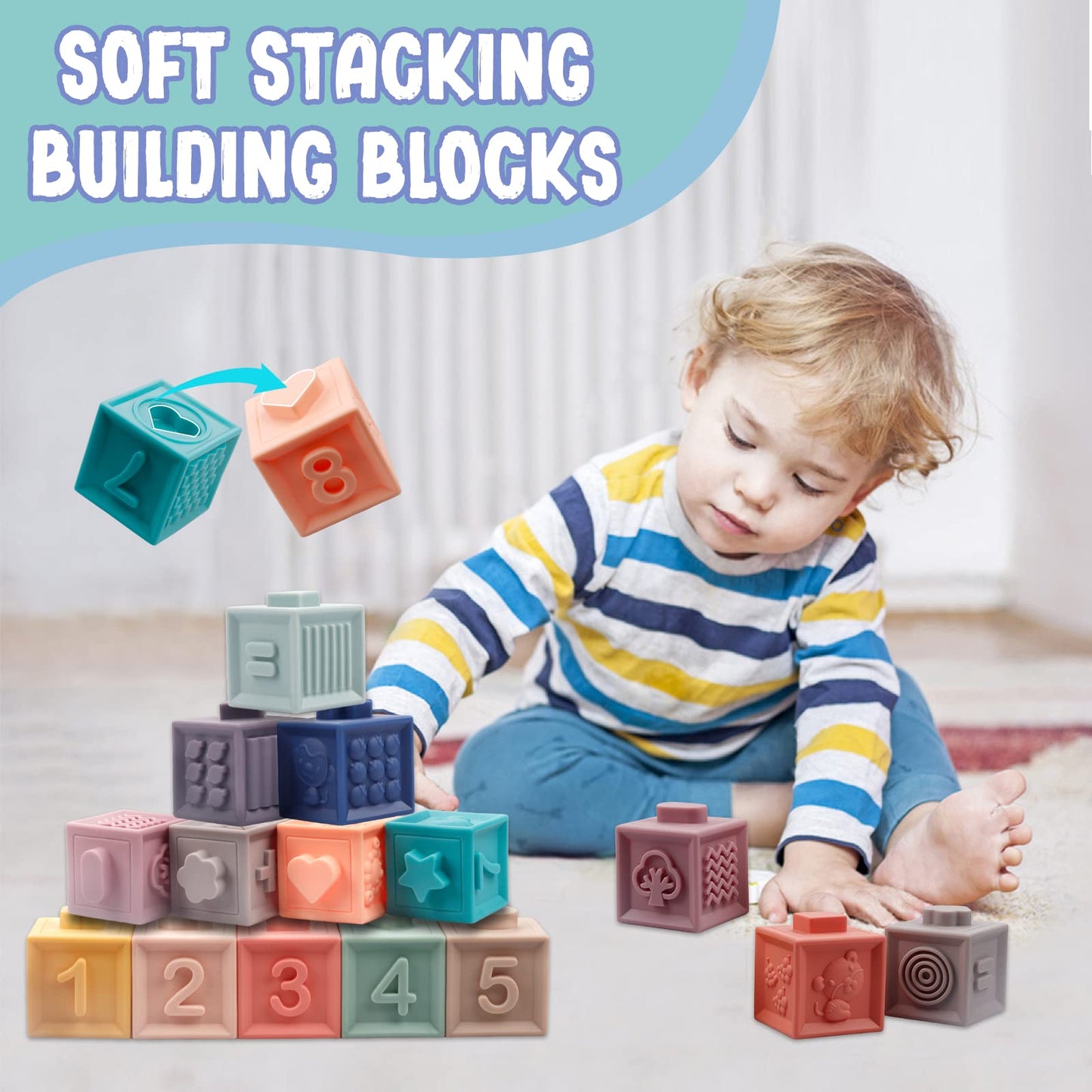 LuxeLine 24-Piece Montessori Soft Baby Toys Set – Stacking Blocks, Sensory Balls, Stacking Rings & Storage Bag – BPA-Free Developmental Toys for Infants & Toddlers 6–18 Months