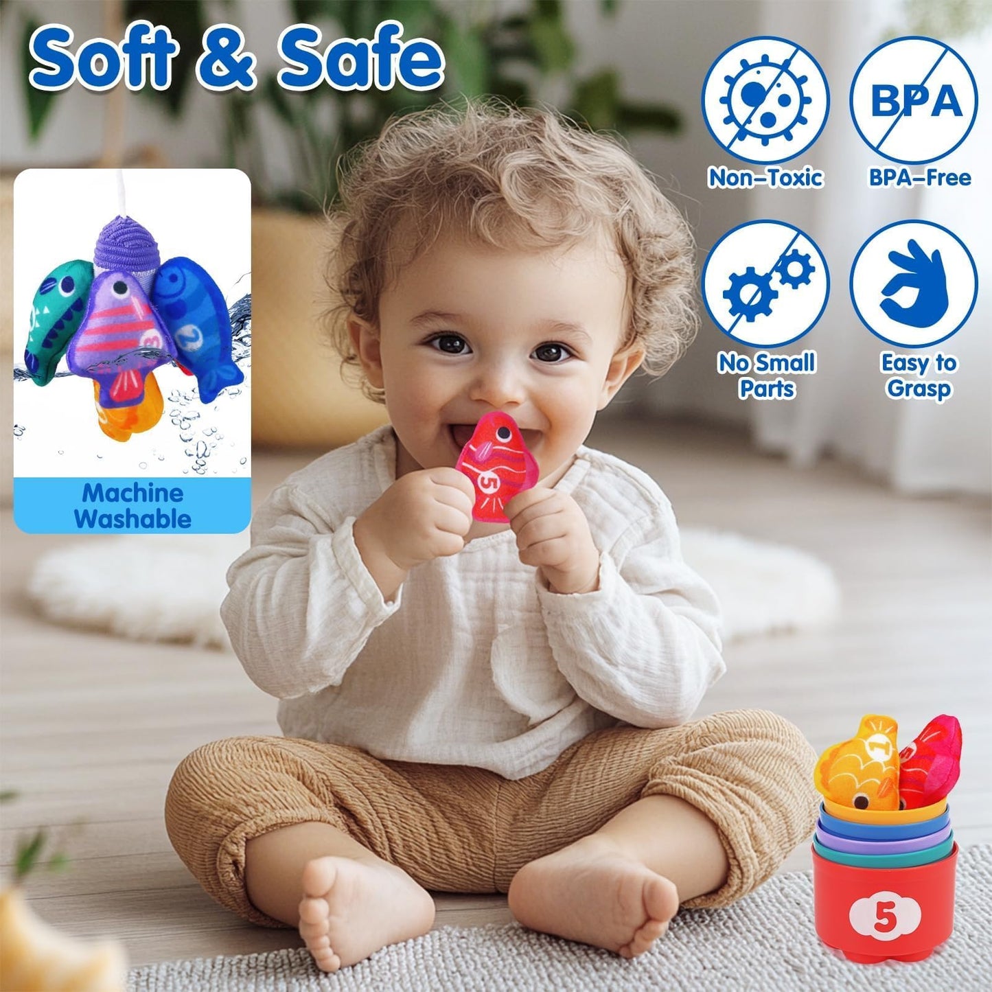 LuxeLine Cloth Fishing & Sorting Toy Set – 15 Cloth Fish, 5 Stackable Buckets & Fishing Rod with Play Mat – Montessori Learning Toy for Toddlers 12-36 Months