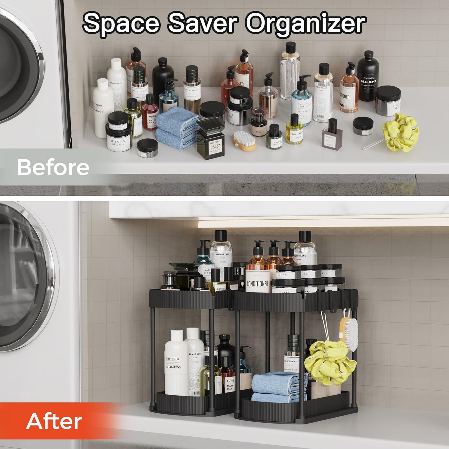 LuxeLine 2-Pack Heavy-Duty Pull-Out Organizers (13" Height) - Under Sink Storage for Bathroom/Kitchen, Tool-Free Install, Black