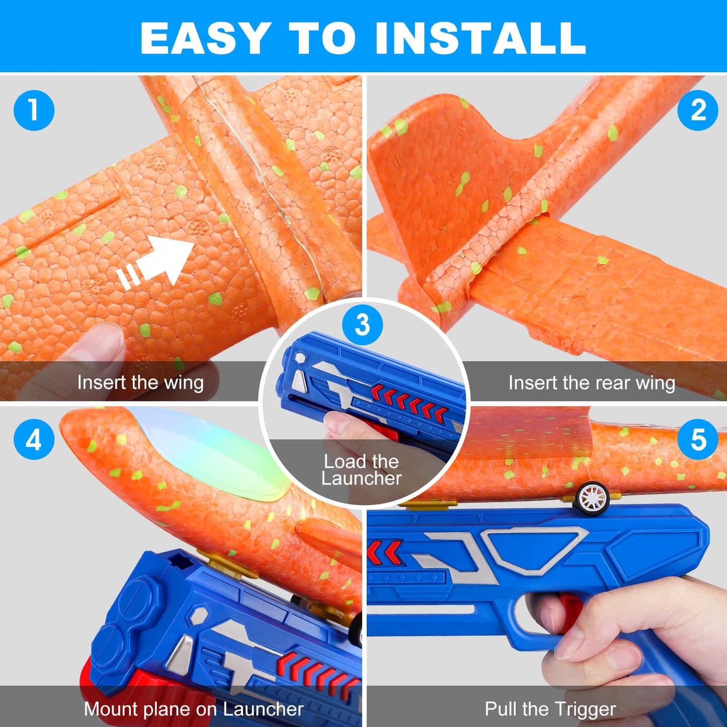 LuxeLine Foam Airplane Launcher Toy — 3-Pack LED Glider Planes with Launcher & Dual Flight Modes — Outdoor Kids Flying Toy Gift (Ages 4-12)