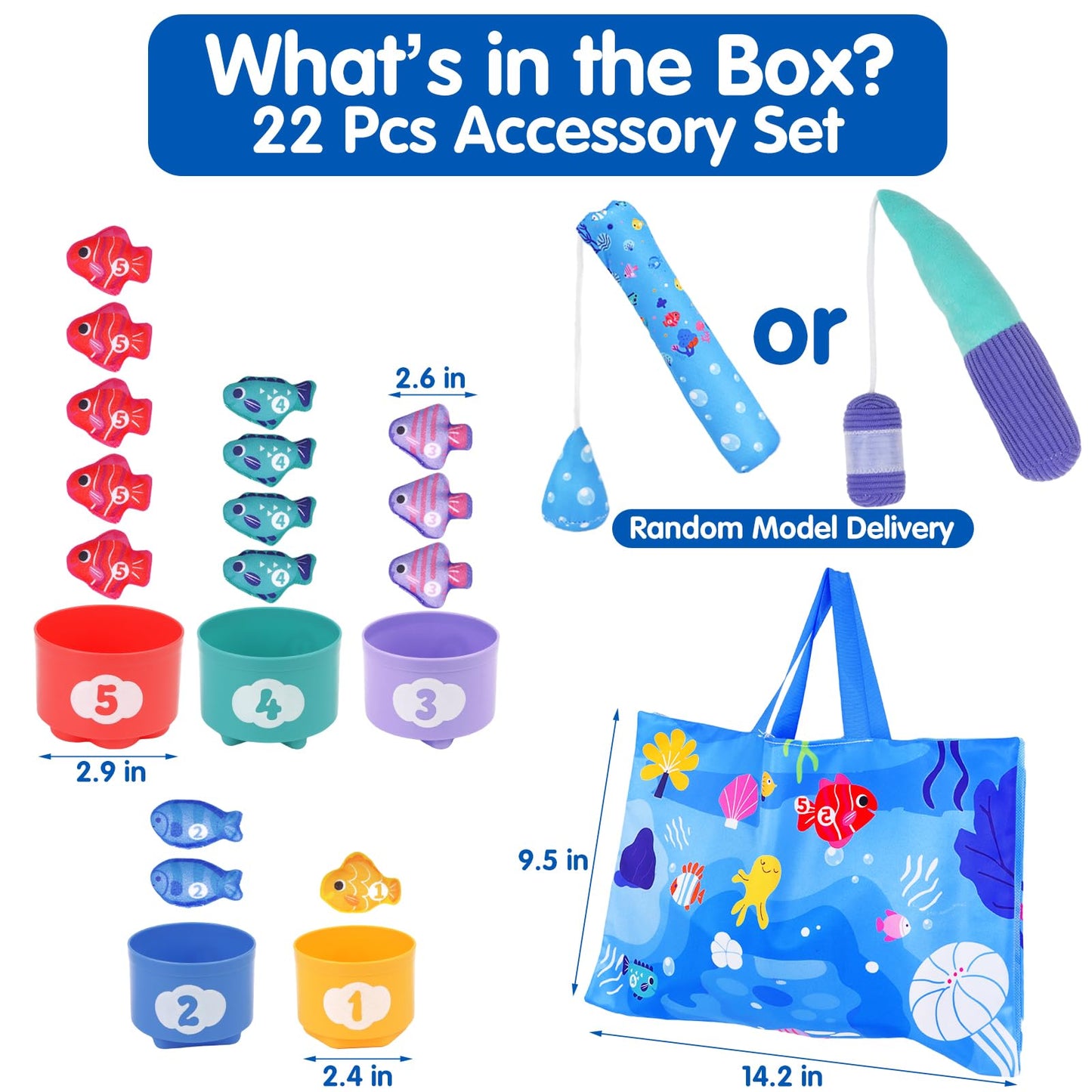 LuxeLine Cloth Fishing & Sorting Toy Set – 15 Cloth Fish, 5 Stackable Buckets & Fishing Rod with Play Mat – Montessori Learning Toy for Toddlers 12-36 Months