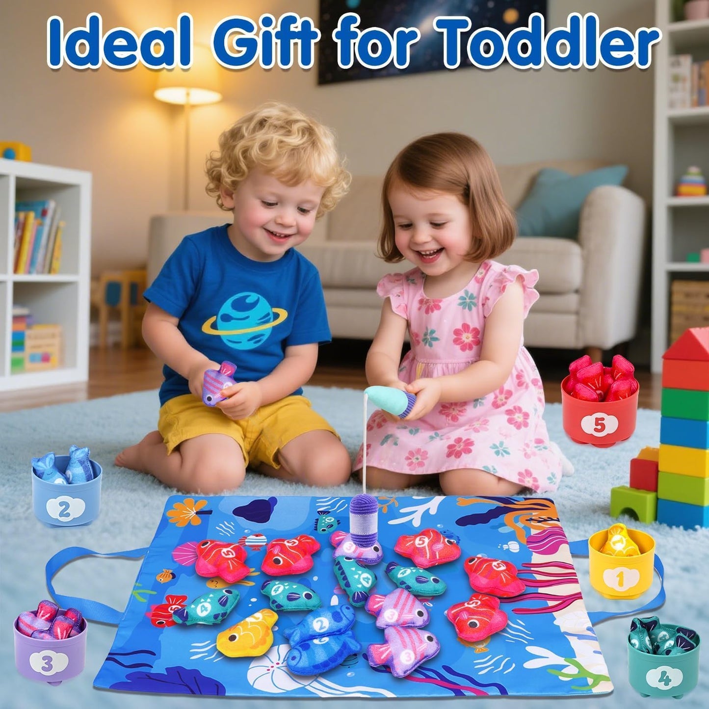 LuxeLine Cloth Fishing & Sorting Toy Set – 15 Cloth Fish, 5 Stackable Buckets & Fishing Rod with Play Mat – Montessori Learning Toy for Toddlers 12-36 Months