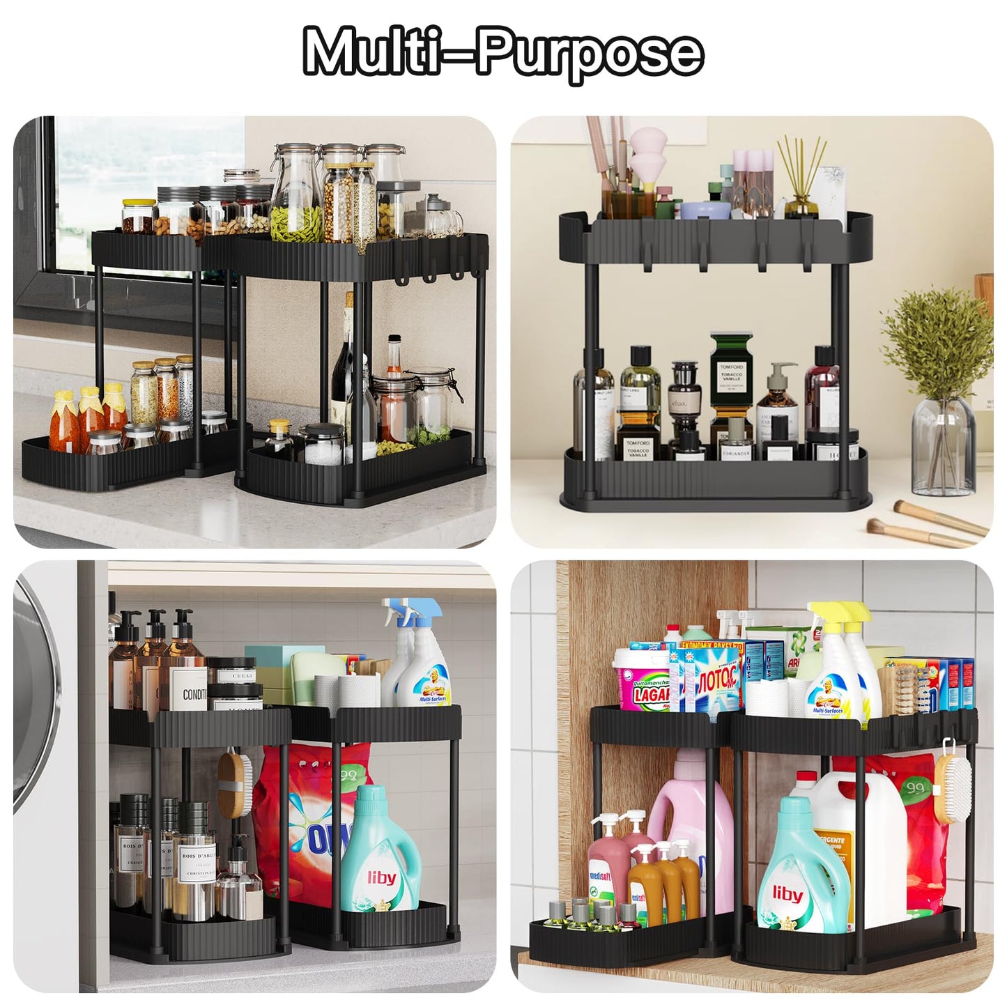 LuxeLine 2-Pack Heavy-Duty Pull-Out Organizers (13" Height) - Under Sink Storage for Bathroom/Kitchen, Tool-Free Install, Black