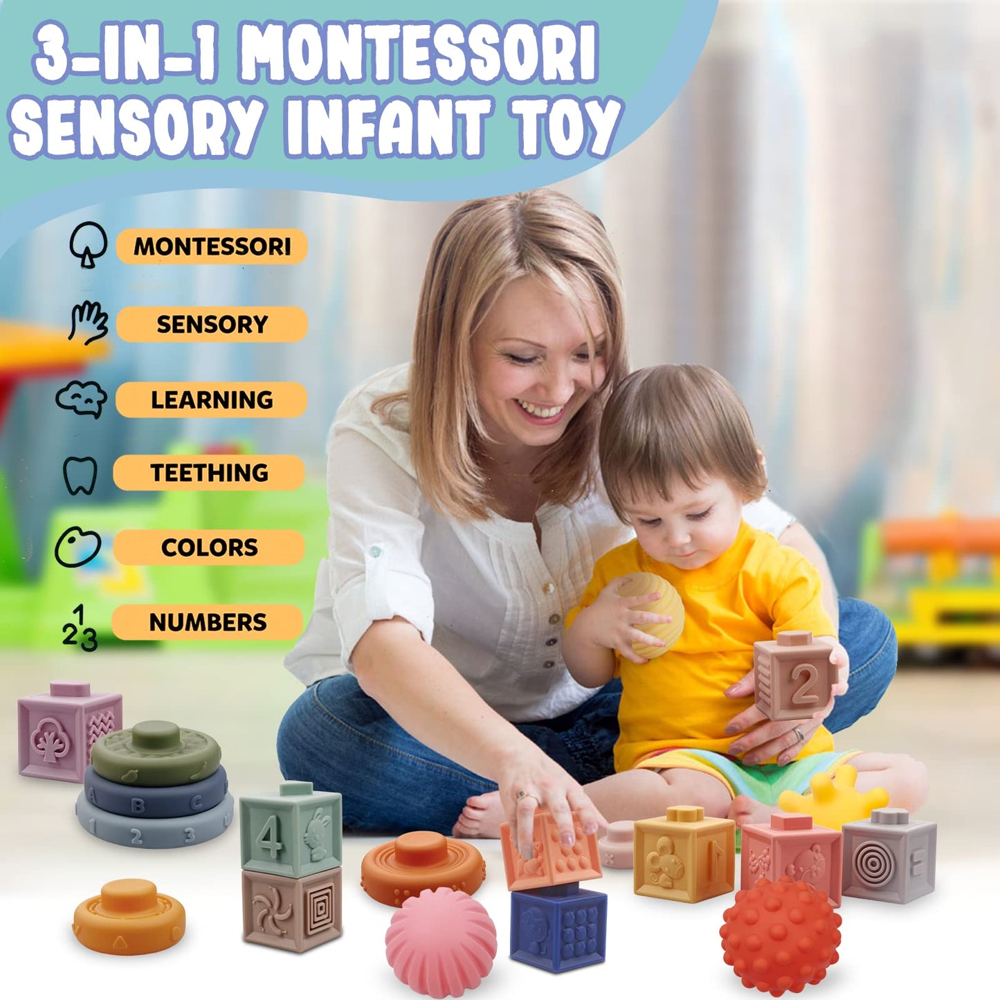 LuxeLine 24-Piece Montessori Soft Baby Toys Set – Stacking Blocks, Sensory Balls, Stacking Rings & Storage Bag – BPA-Free Developmental Toys for Infants & Toddlers 6–18 Months