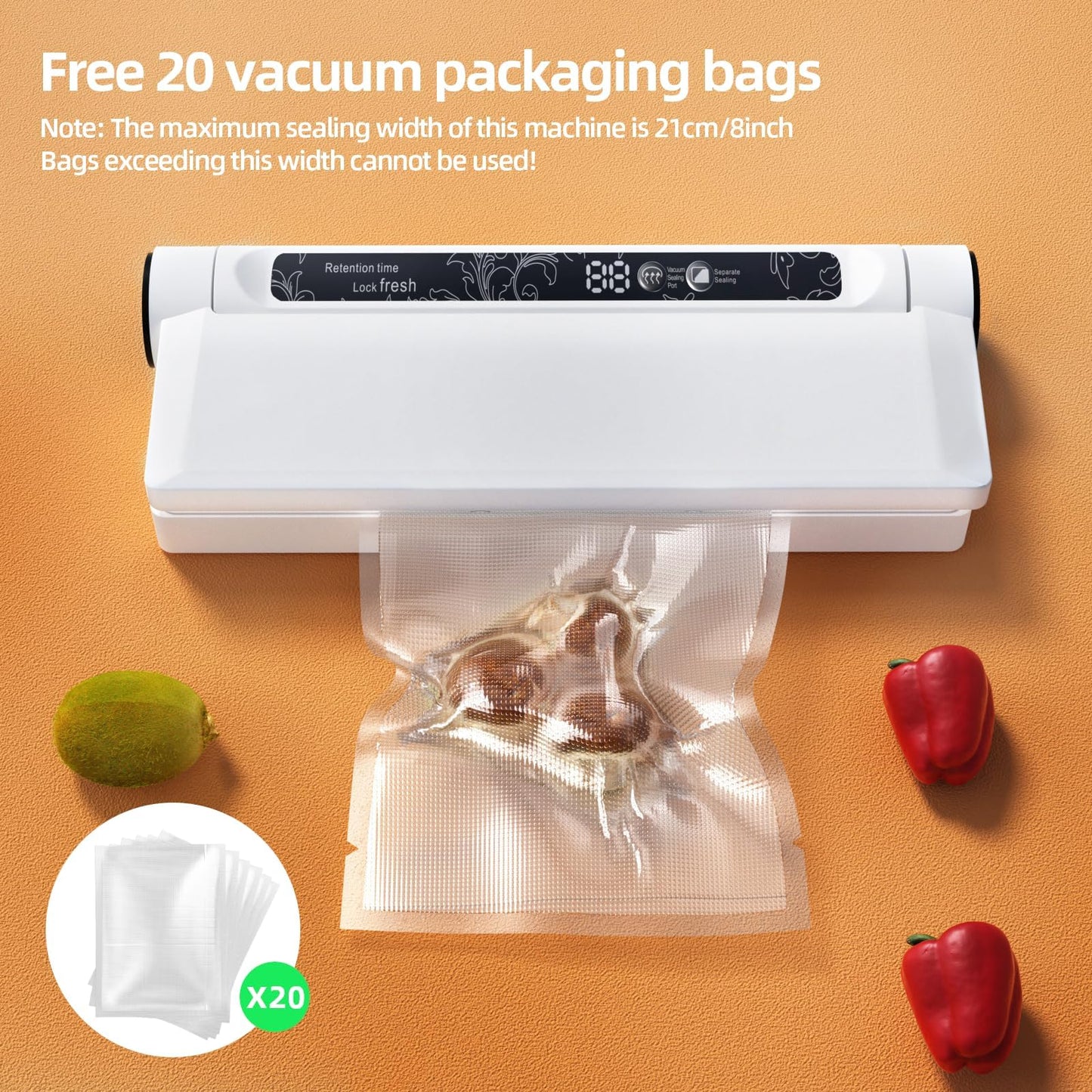 LuxeLine FoodSaver Pro 75KPA Vacuum Sealer Machine w/ 20 Bags - Dry/Wet Modes, Digital Timer, Compact for Small Kitchens | Extends Freshness 7X