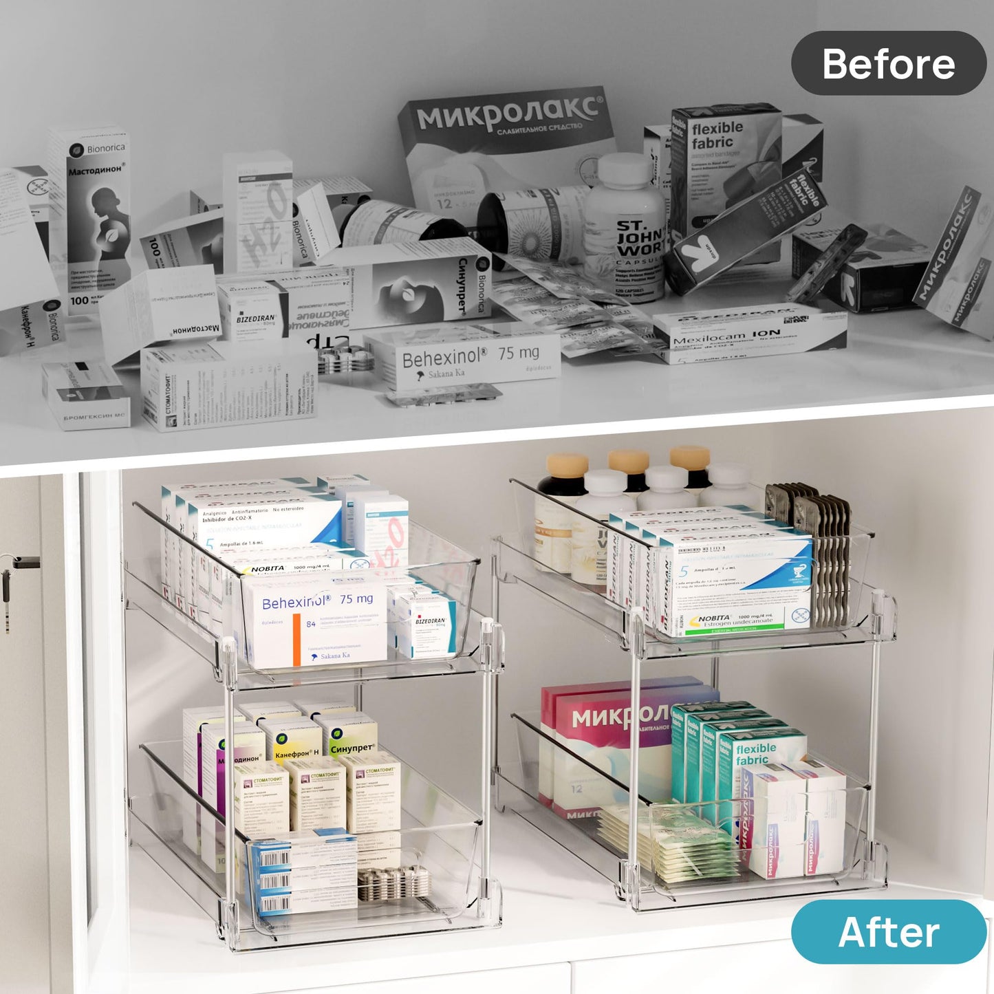 LuxeLine 2-Pack Clear Pull-Out Under Sink Organizers - 2-Tier Stackable Drawers with Tracks for Bathroom/Kitchen/Pantry, 15LB Capacity, Tool-Free Install