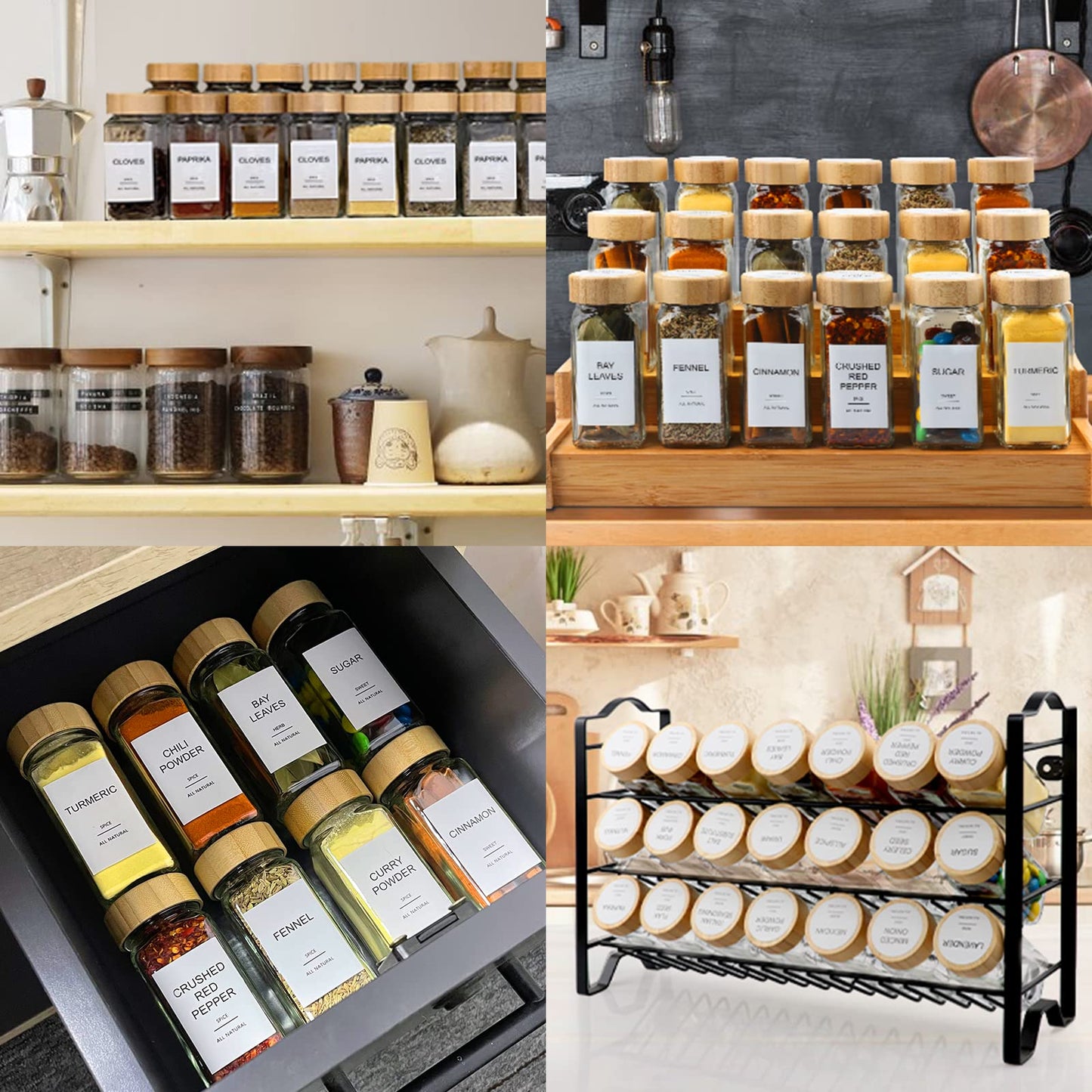 LuxeLine 24-Pack Glass Spice Jars with Bamboo Lids | 4oz Square Containers, Shaker Tops, Waterproof Labels + Funnel | Pantry, Drawer & Rack Organizer