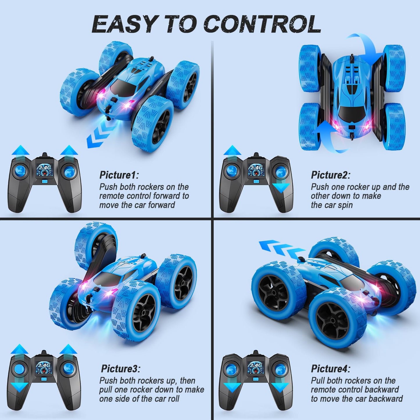 RC Stunt Car for Kids Ages 6+, 4WD Double Sided Remote Control Car 360° Rotating with LED Headlights, Durable Off-Road Toy, Birthday & Christmas Gift for Boys and Girls