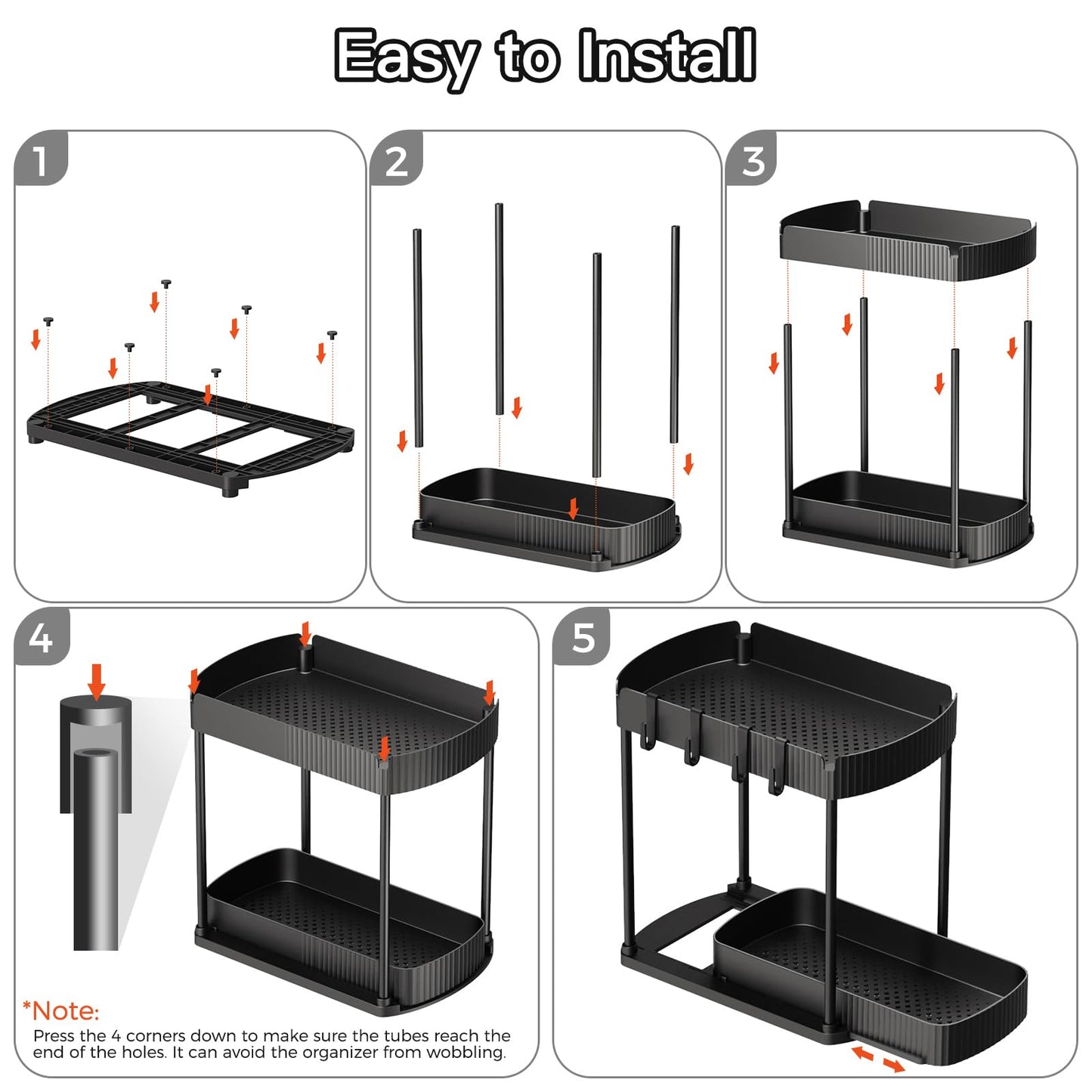 LuxeLine 2-Pack Heavy-Duty Pull-Out Organizers (13" Height) - Under Sink Storage for Bathroom/Kitchen, Tool-Free Install, Black
